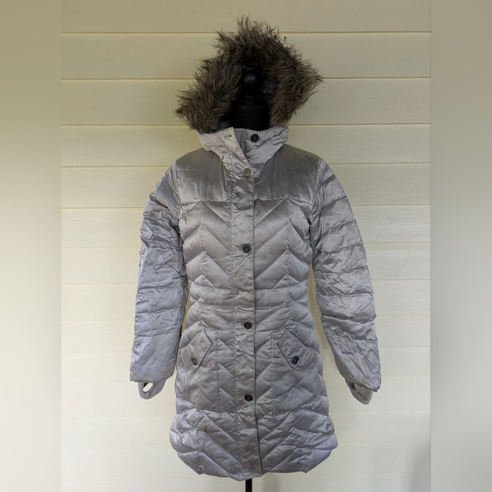 Land's End Big Kids Silver Long Down Coat With Faux Fur Trimmed Hood Size XL 16